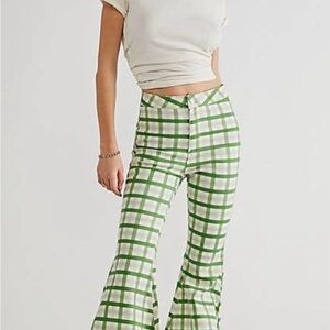 Free People White and Green Checkered Flare Jeans